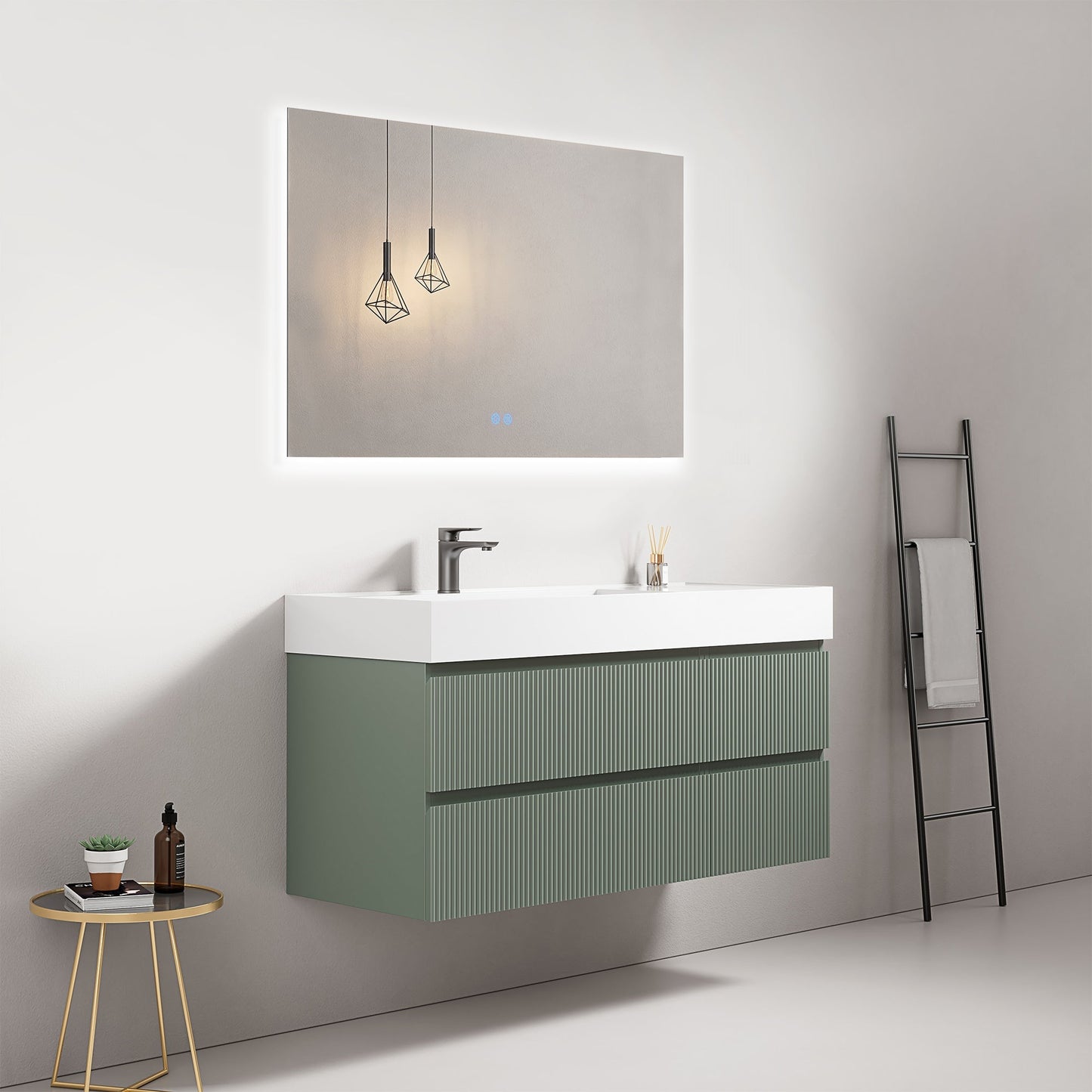 Mobile bagno sospeso cannettato 120 cm Verde Salvia Lavabo a Sinistra in Resina Specchio Quadro Retroilluminato - Fiji Paint