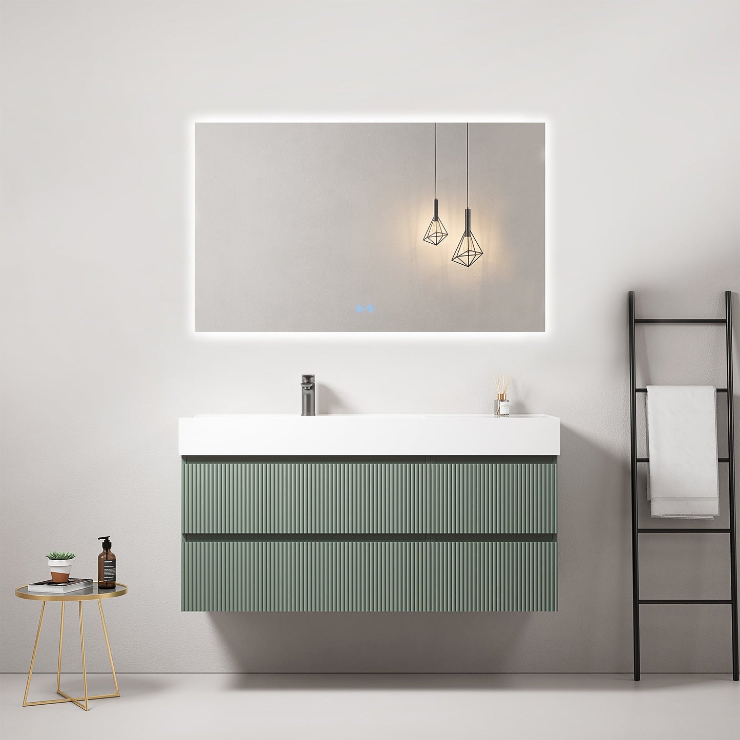Mobile bagno sospeso cannettato 120 cm Verde Salvia Lavabo a Sinistra in Resina Specchio Quadro Retroilluminato - Fiji Paint