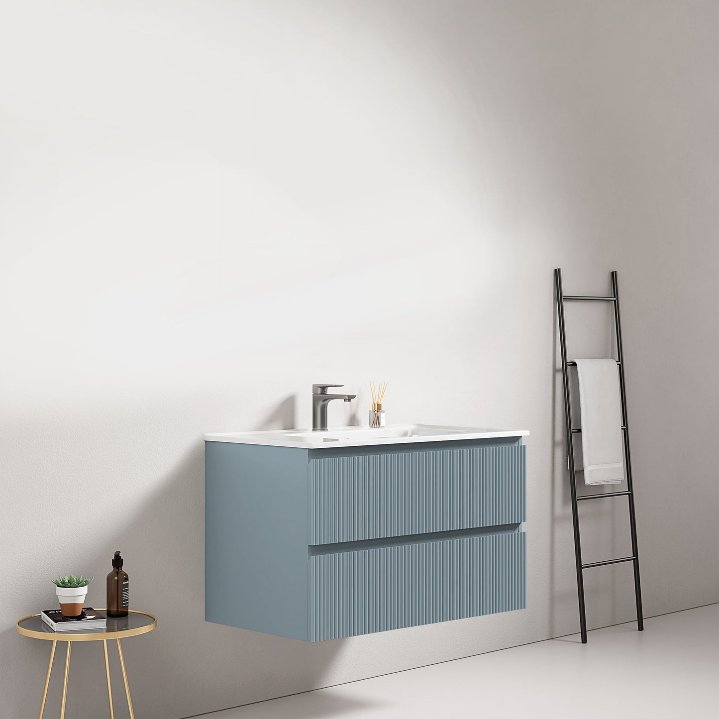 Mobile bagno sospeso cannettato 80 cm Blu Avio Lavabo in Ceramica Senza Specchio - Fiji Paint