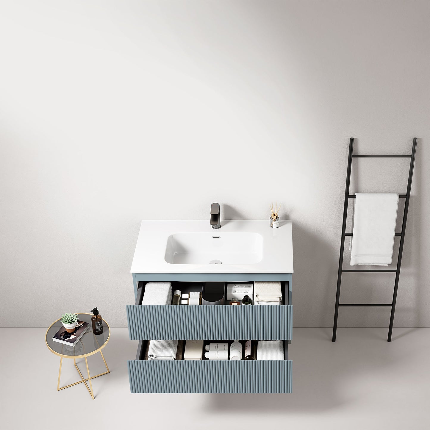 Mobile bagno sospeso cannettato 80 cm Blu Avio Lavabo in Ceramica Senza Specchio - Fiji Paint