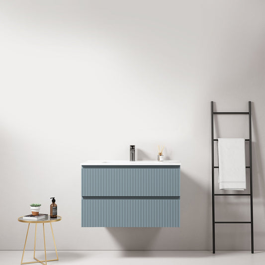 Mobile bagno sospeso cannettato 80 cm Blu Avio Lavabo in Ceramica Senza Specchio - Fiji Paint