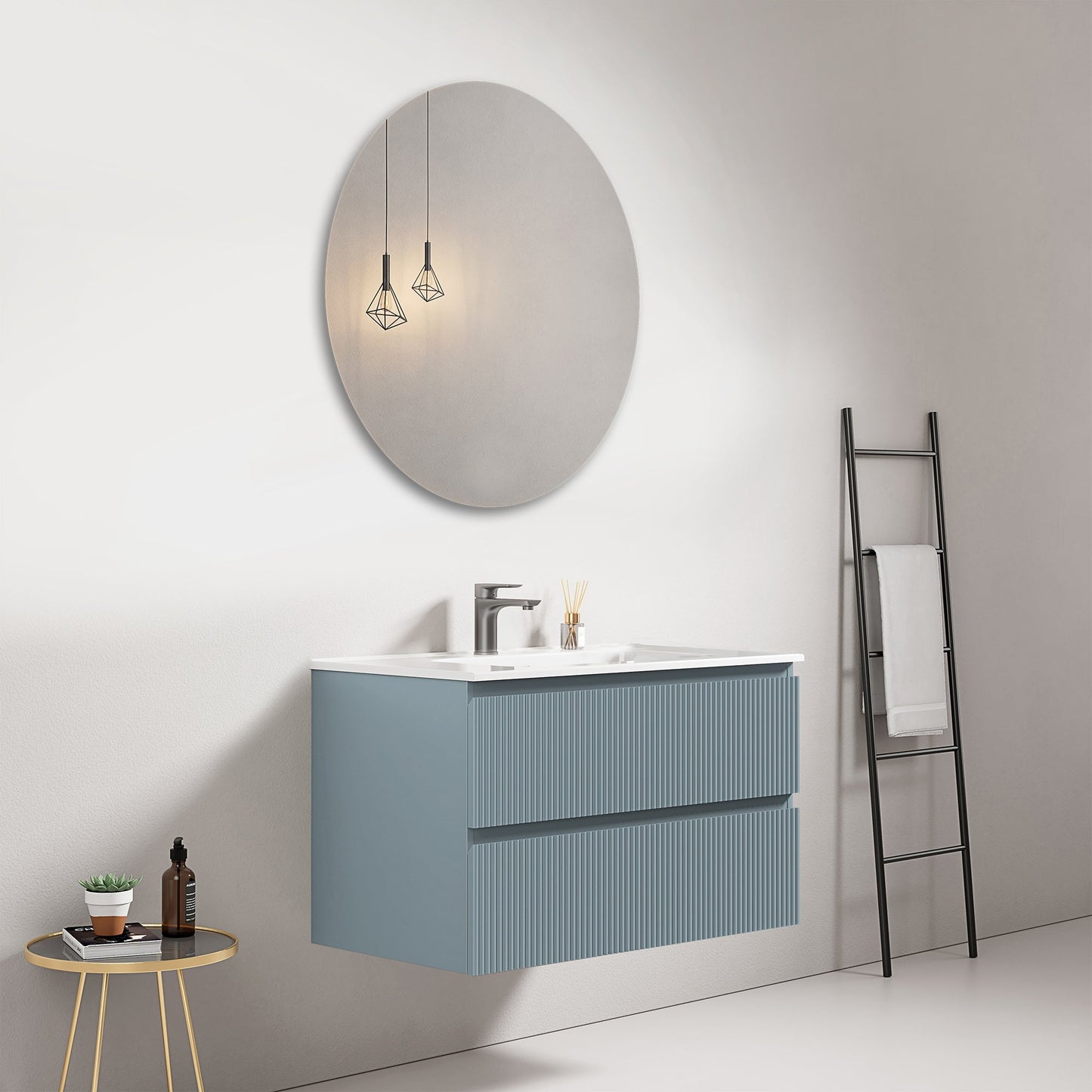 Mobile bagno sospeso cannettato 80 cm Blu Avio Lavabo in Ceramica Specchio Tondo - Fiji Paint