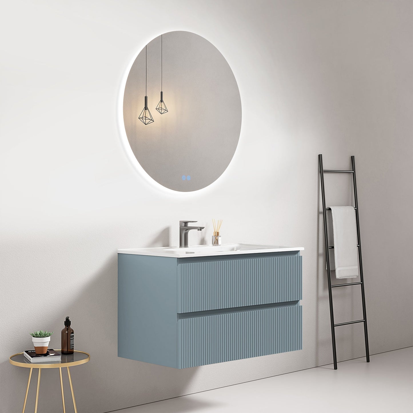 Mobile bagno sospeso cannettato 80 cm Blu Avio Lavabo in Ceramica Specchio Tondo Retroilluminato - Fiji Paint
