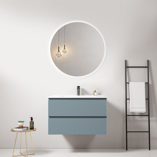 Mobile bagno sospeso cannettato 80 cm Blu Avio Lavabo in Ceramica Specchio Tondo Retroilluminato - Fiji Paint