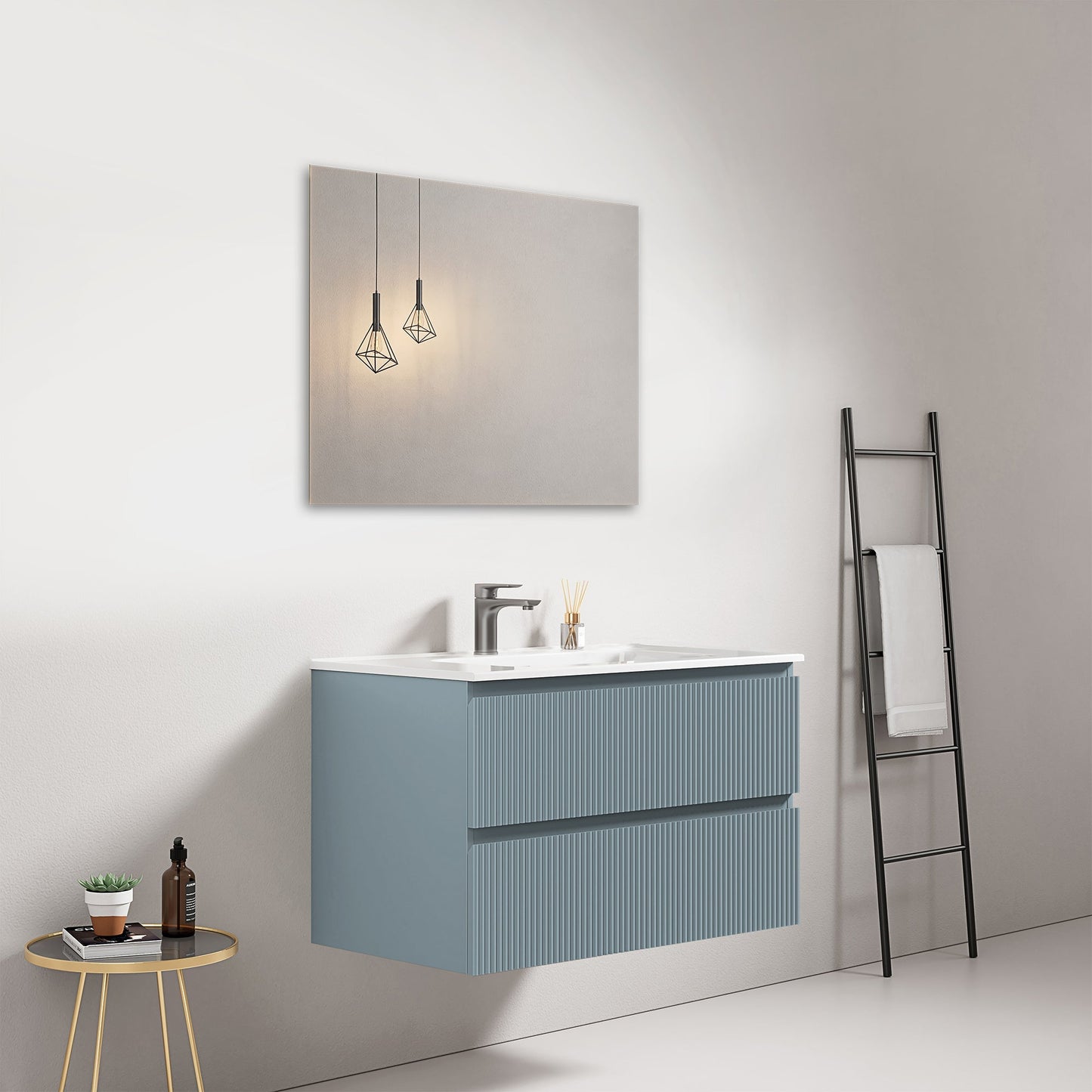 Mobile bagno sospeso cannettato 80 cm Blu Avio Lavabo in Ceramica Specchio Quadro - Fiji Paint