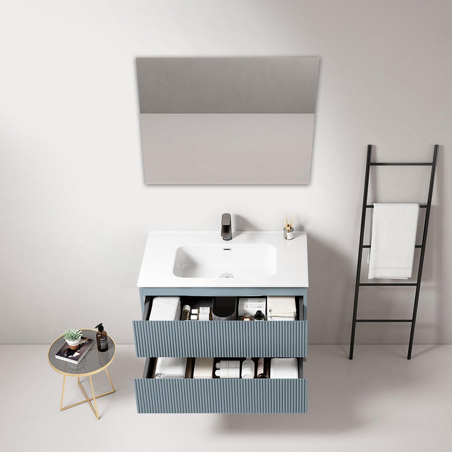 Mobile bagno sospeso cannettato 80 cm Blu Avio Lavabo in Ceramica Specchio Quadro - Fiji Paint
