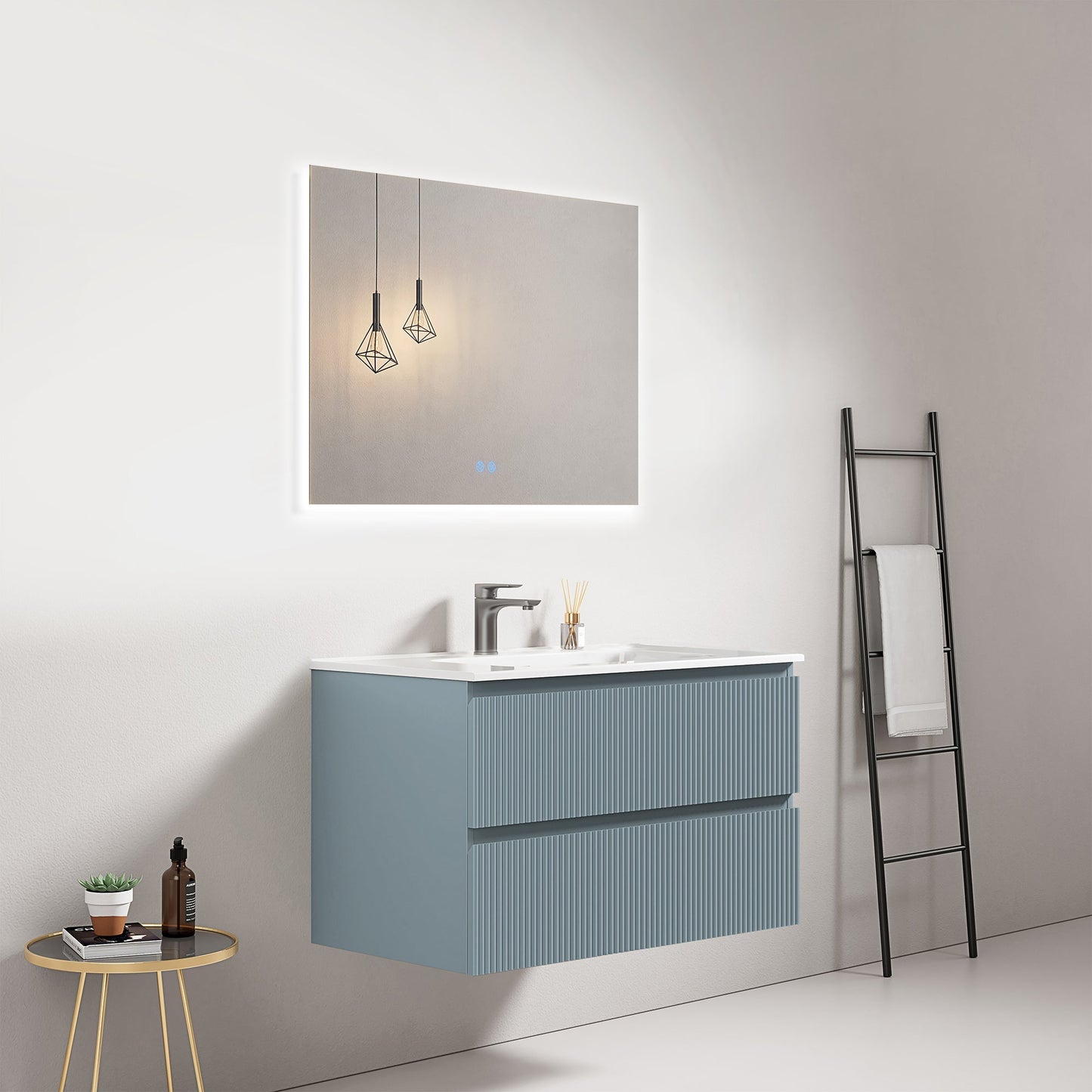 Mobile bagno sospeso cannettato 80 cm Blu Avio Lavabo in Ceramica Specchio Quadro Retroilluminato - Fiji Paint