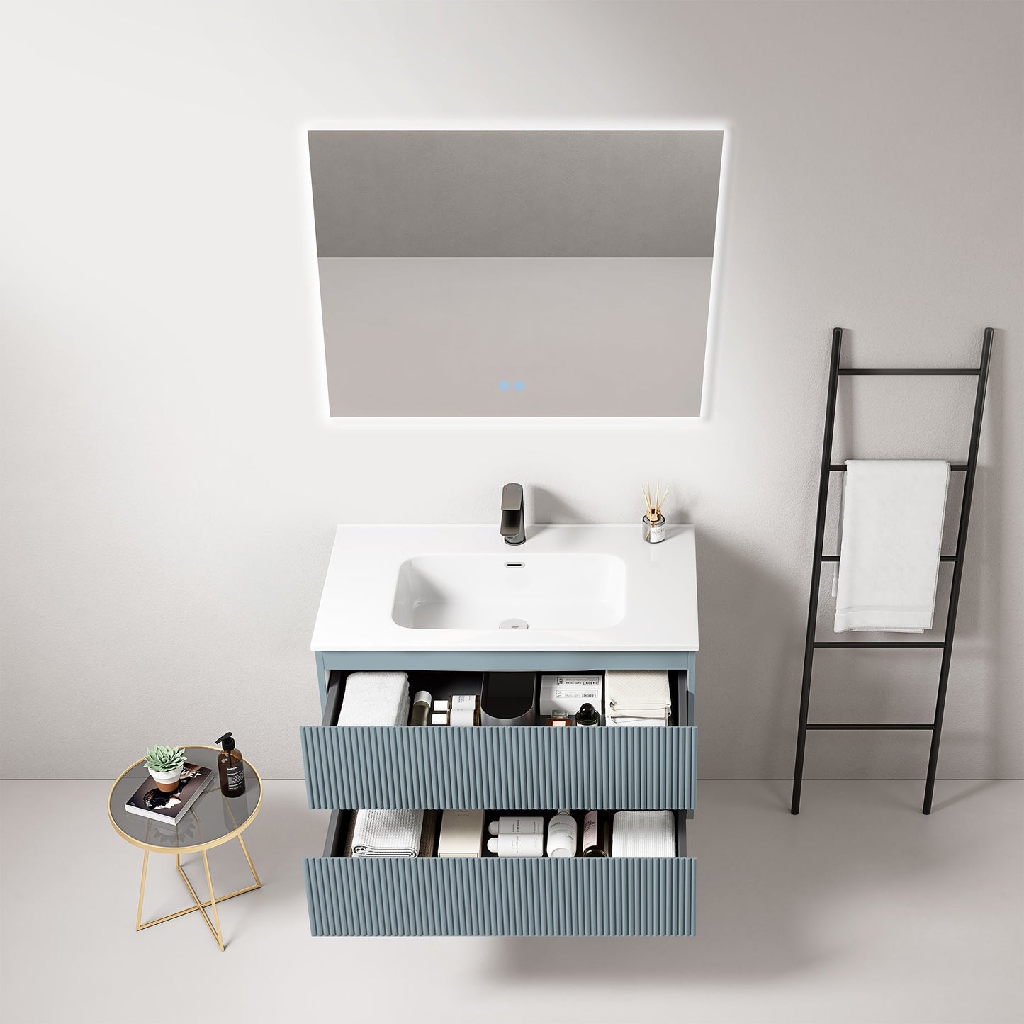 Mobile bagno sospeso cannettato 80 cm Blu Avio Lavabo in Ceramica Specchio Quadro Retroilluminato - Fiji Paint