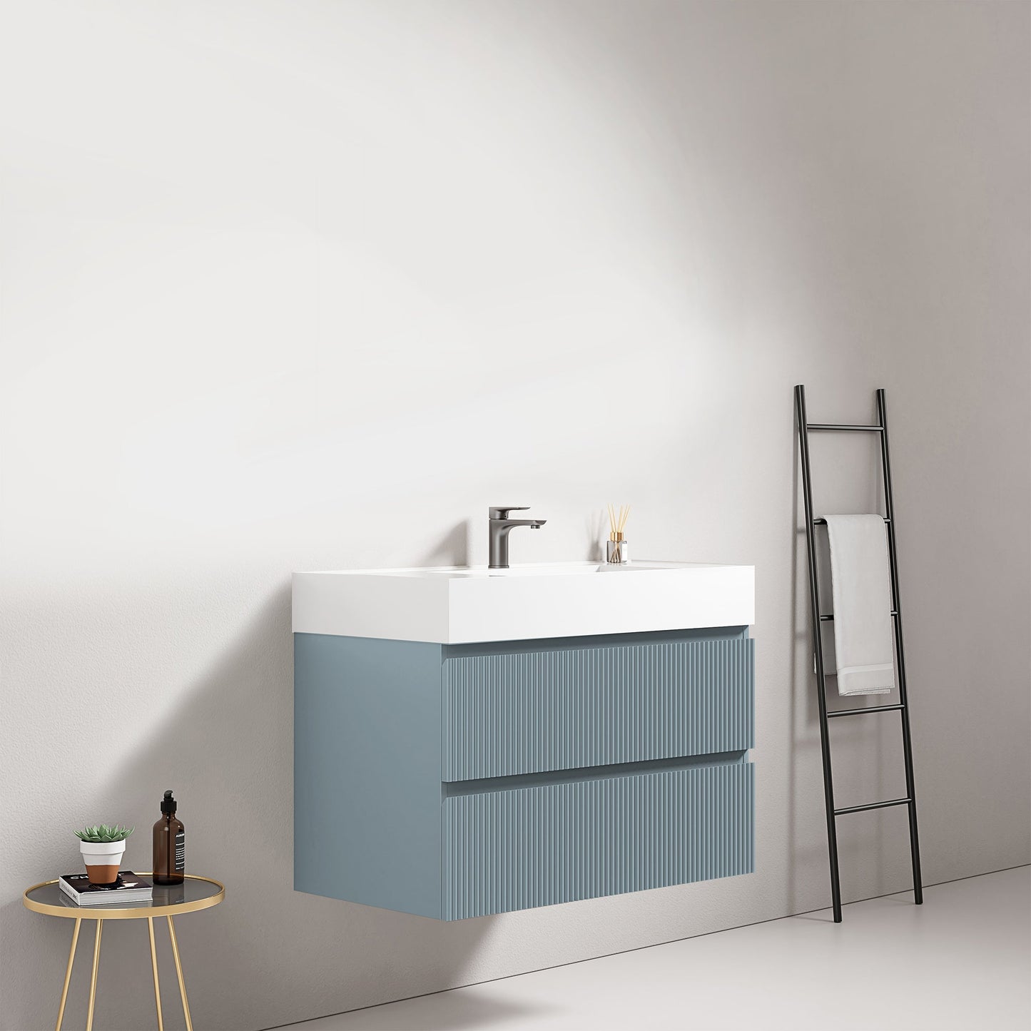 Mobile bagno sospeso cannettato 80 cm Blu Avio Lavabo in Resina Senza Specchio - Fiji Paint