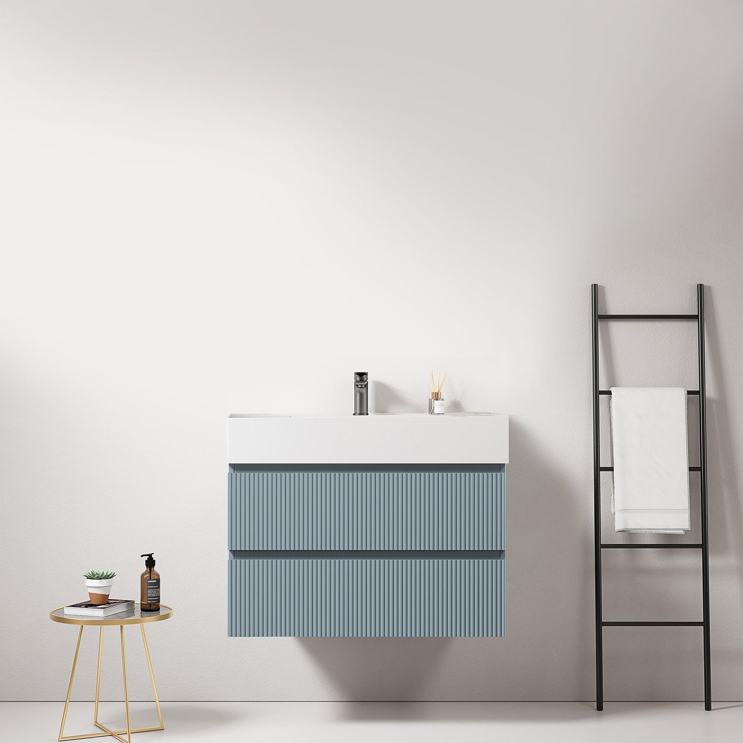 Mobile bagno sospeso cannettato 80 cm Blu Avio Lavabo in Resina Senza Specchio - Fiji Paint