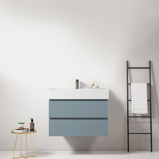 Mobile bagno sospeso cannettato 80 cm Blu Avio Lavabo in Resina Senza Specchio - Fiji Paint