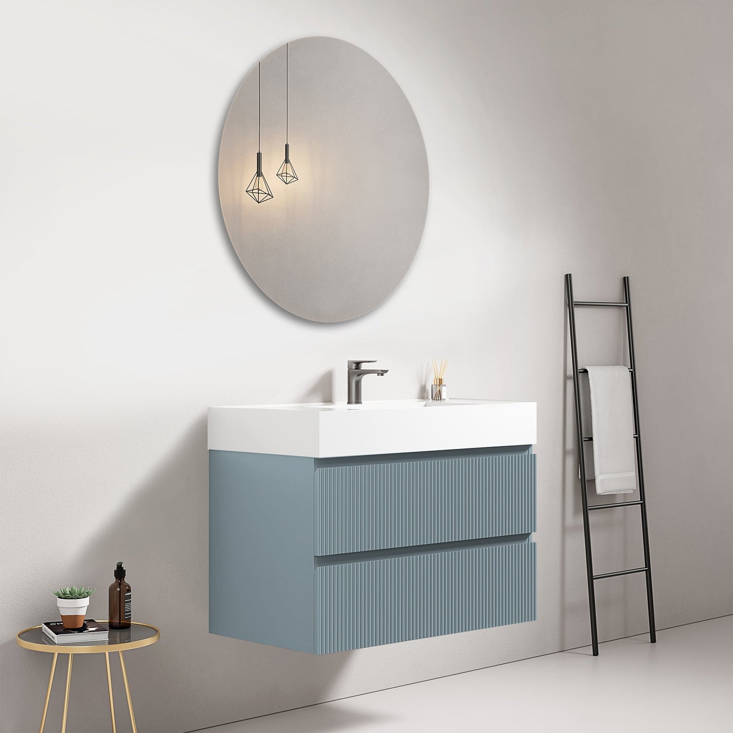 Mobile bagno sospeso cannettato 80 cm Blu Avio Lavabo in Resina Specchio Tondo - Fiji Paint
