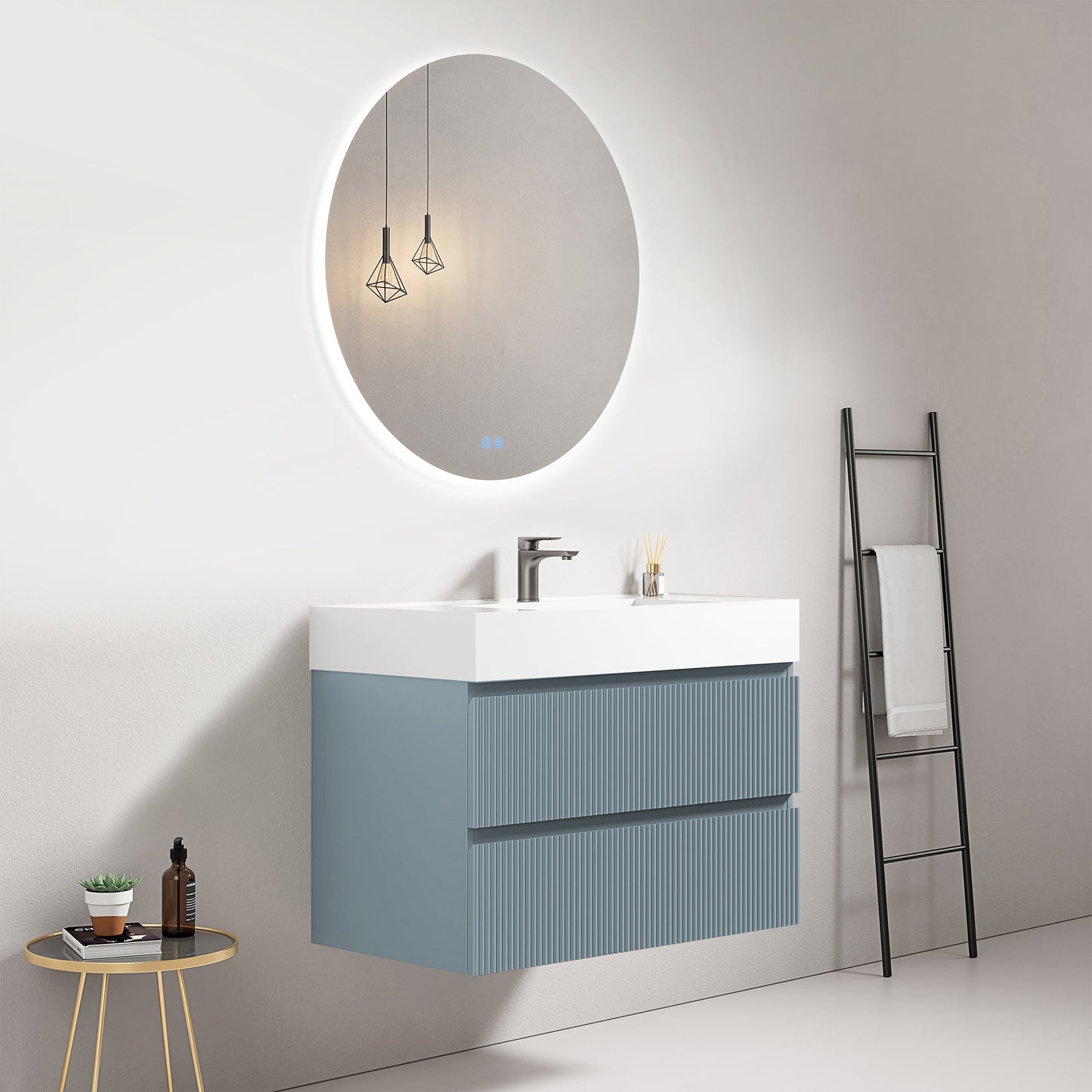 Mobile bagno sospeso cannettato 80 cm Blu Avio Lavabo in Resina Specchio Tondo Retroilluminato - Fiji Paint