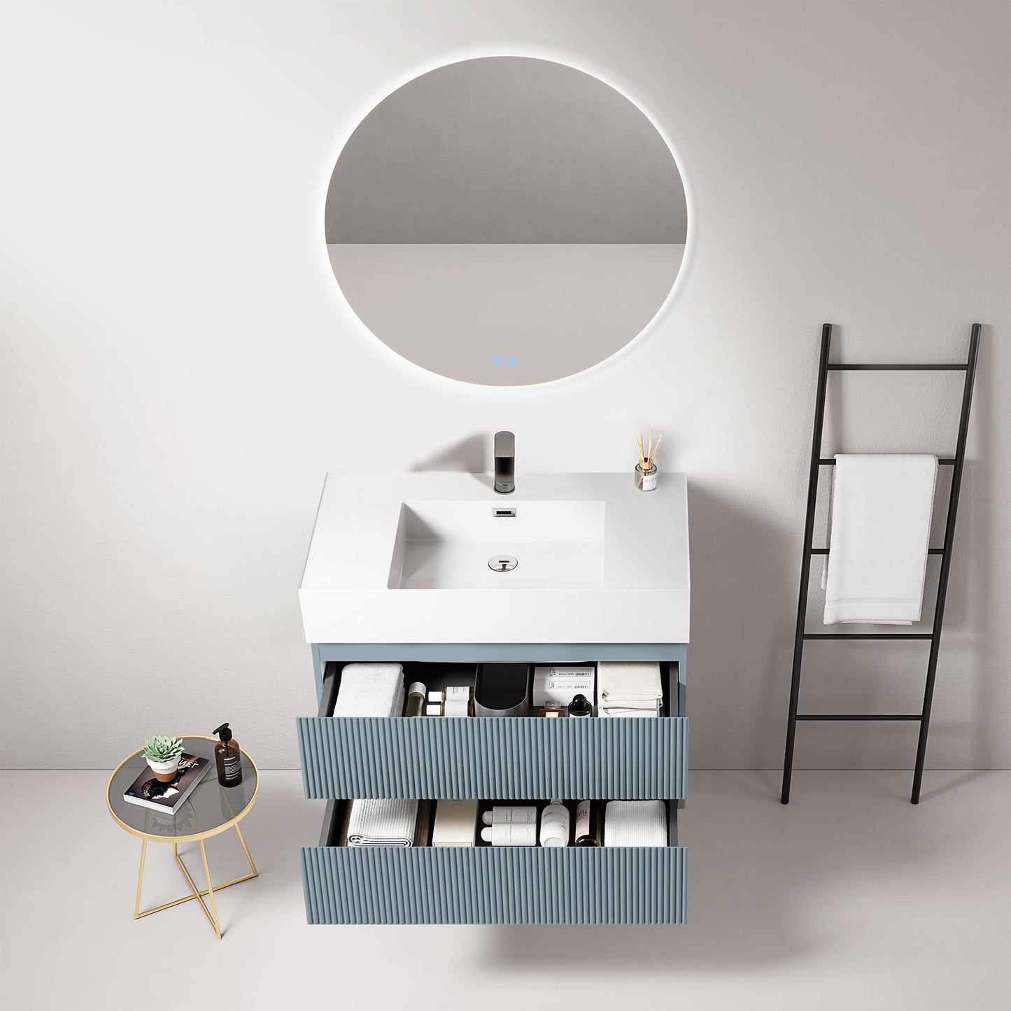 Mobile bagno sospeso cannettato 80 cm Blu Avio Lavabo in Resina Specchio Tondo Retroilluminato - Fiji Paint