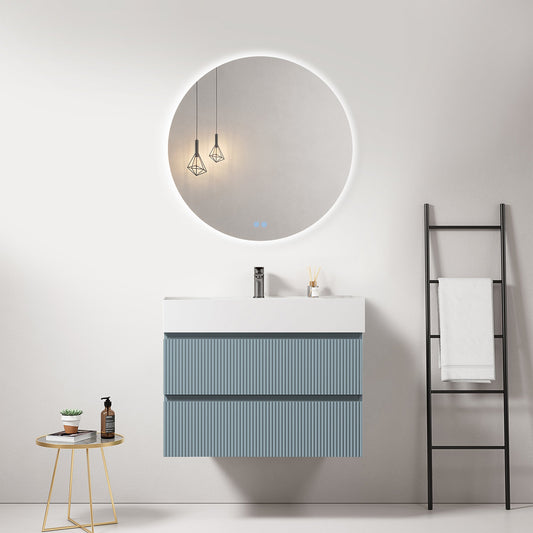 Mobile bagno sospeso cannettato 80 cm Blu Avio Lavabo in Resina Specchio Tondo Retroilluminato - Fiji Paint