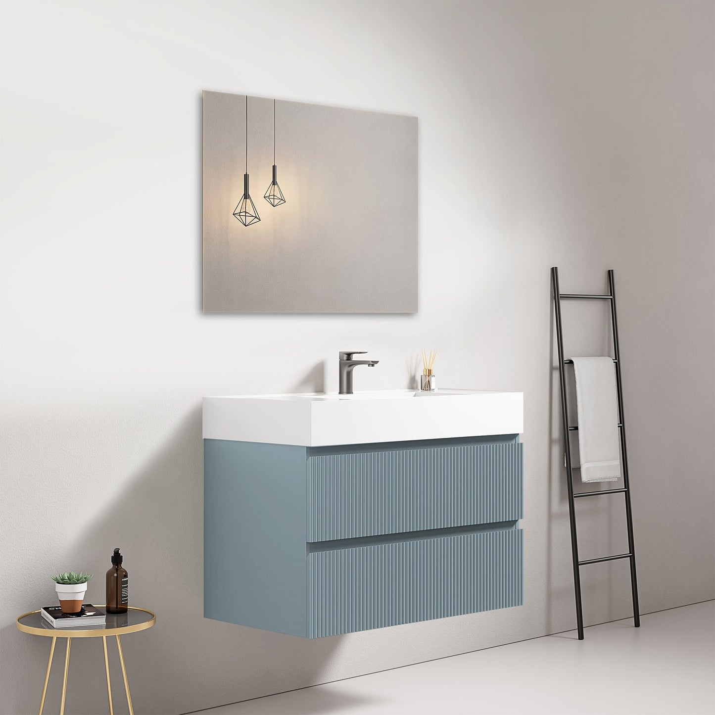 Mobile bagno sospeso cannettato 80 cm Blu Avio Lavabo in Resina Specchio Quadro - Fiji Paint