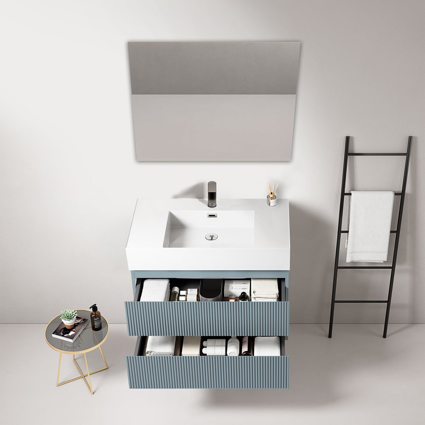 Mobile bagno sospeso cannettato 80 cm Blu Avio Lavabo in Resina Specchio Quadro - Fiji Paint