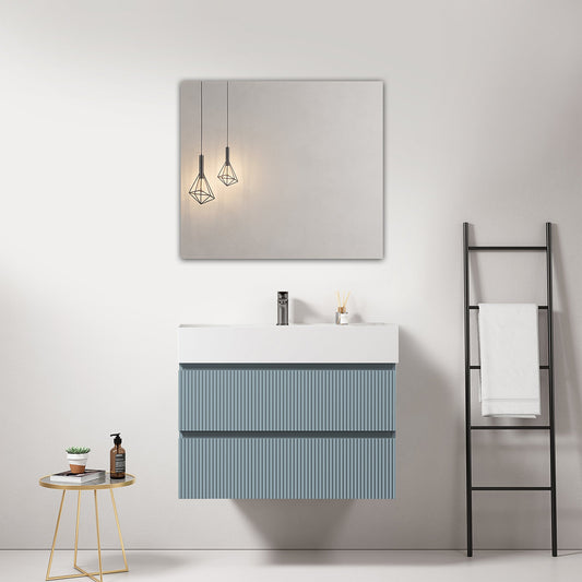 Mobile bagno sospeso cannettato 80 cm Blu Avio Lavabo in Resina Specchio Quadro - Fiji Paint