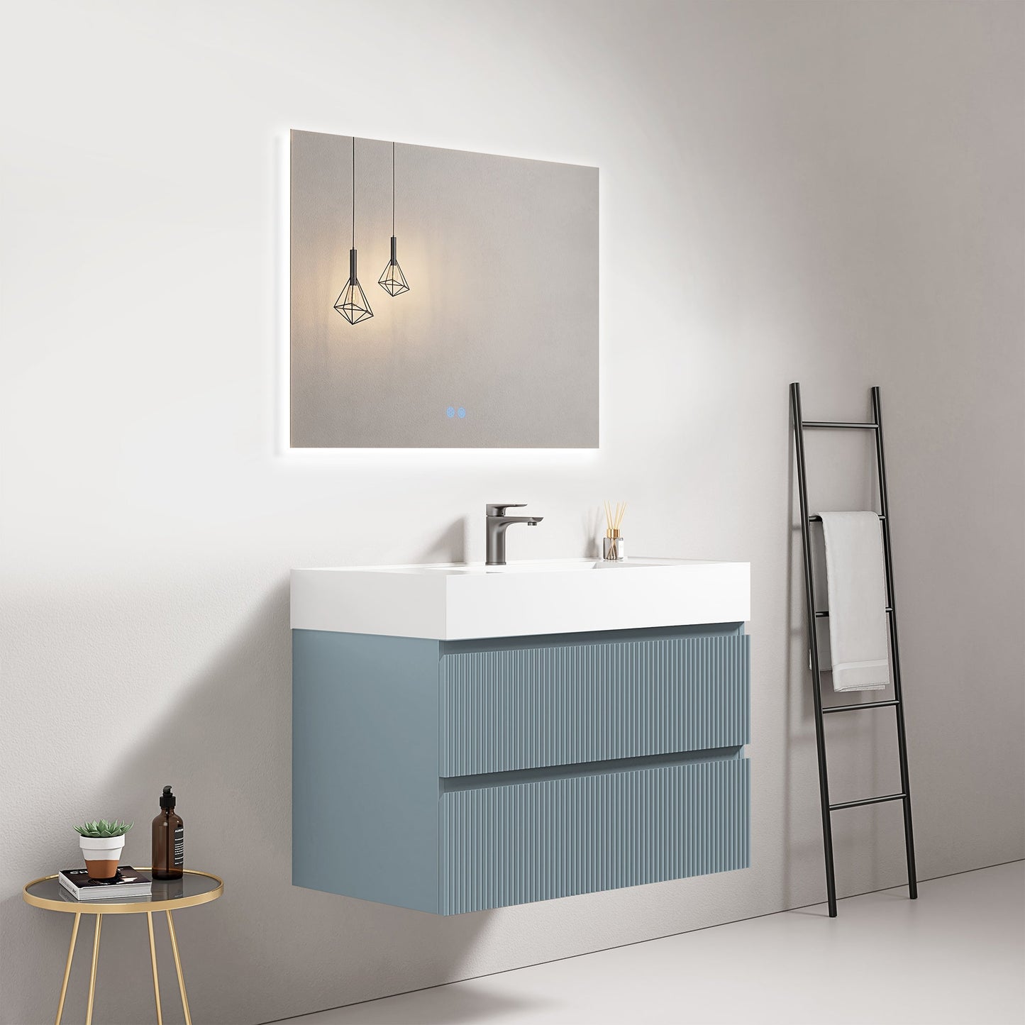 Mobile bagno sospeso cannettato 80 cm Blu Avio Lavabo in Resina Specchio Quadro Retroilluminato - Fiji Paint