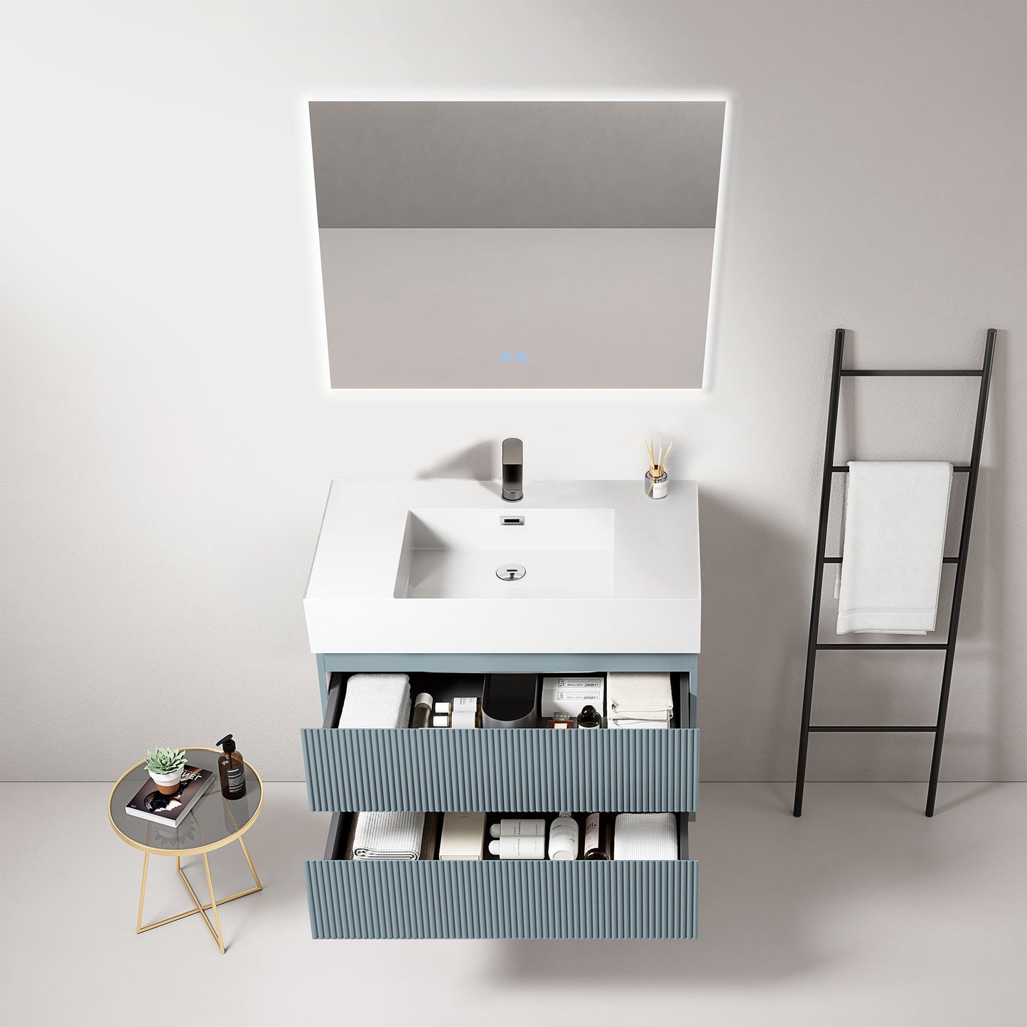 Mobile bagno sospeso cannettato 80 cm Blu Avio Lavabo in Resina Specchio Quadro Retroilluminato - Fiji Paint