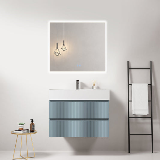 Mobile bagno sospeso cannettato 80 cm Blu Avio Lavabo in Resina Specchio Quadro Retroilluminato - Fiji Paint