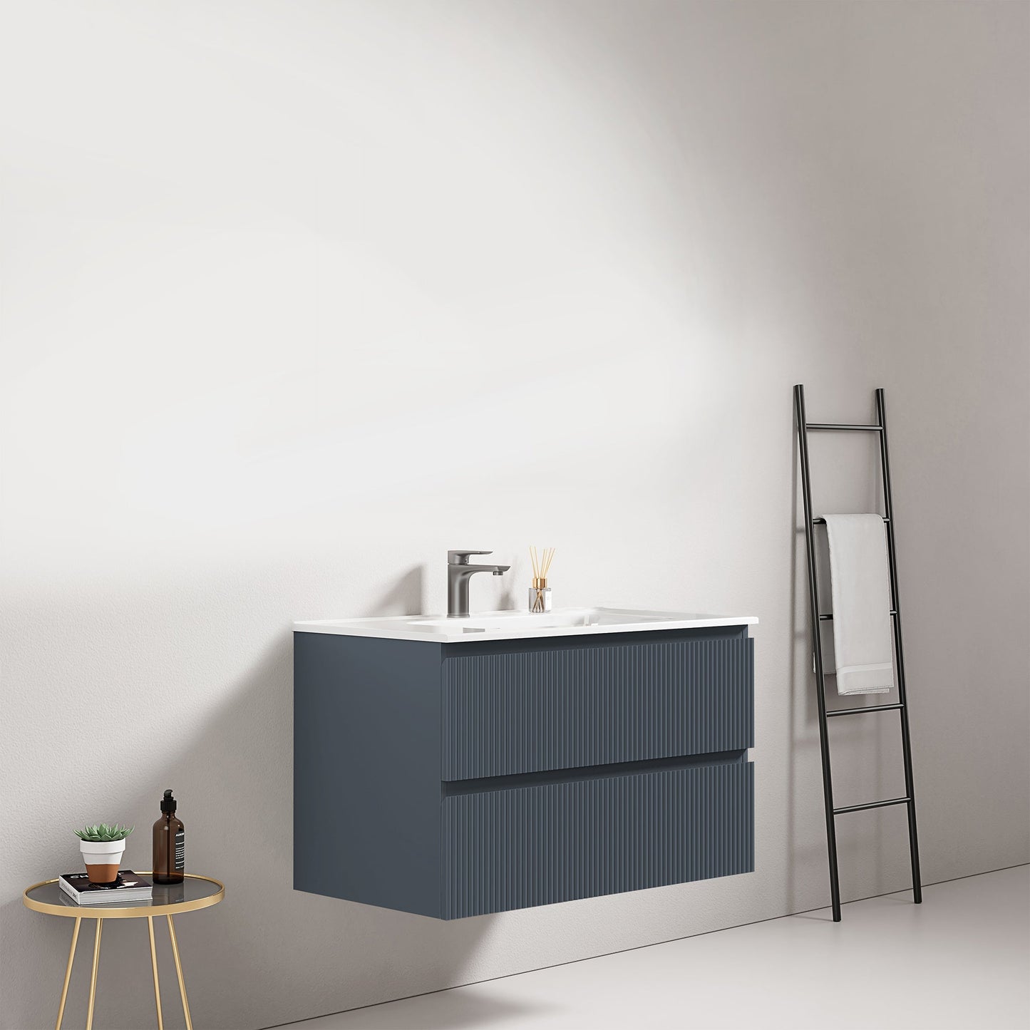 Mobile bagno sospeso cannettato 80 cm Blu Mare Lavabo in Ceramica Senza Specchio - Fiji Paint