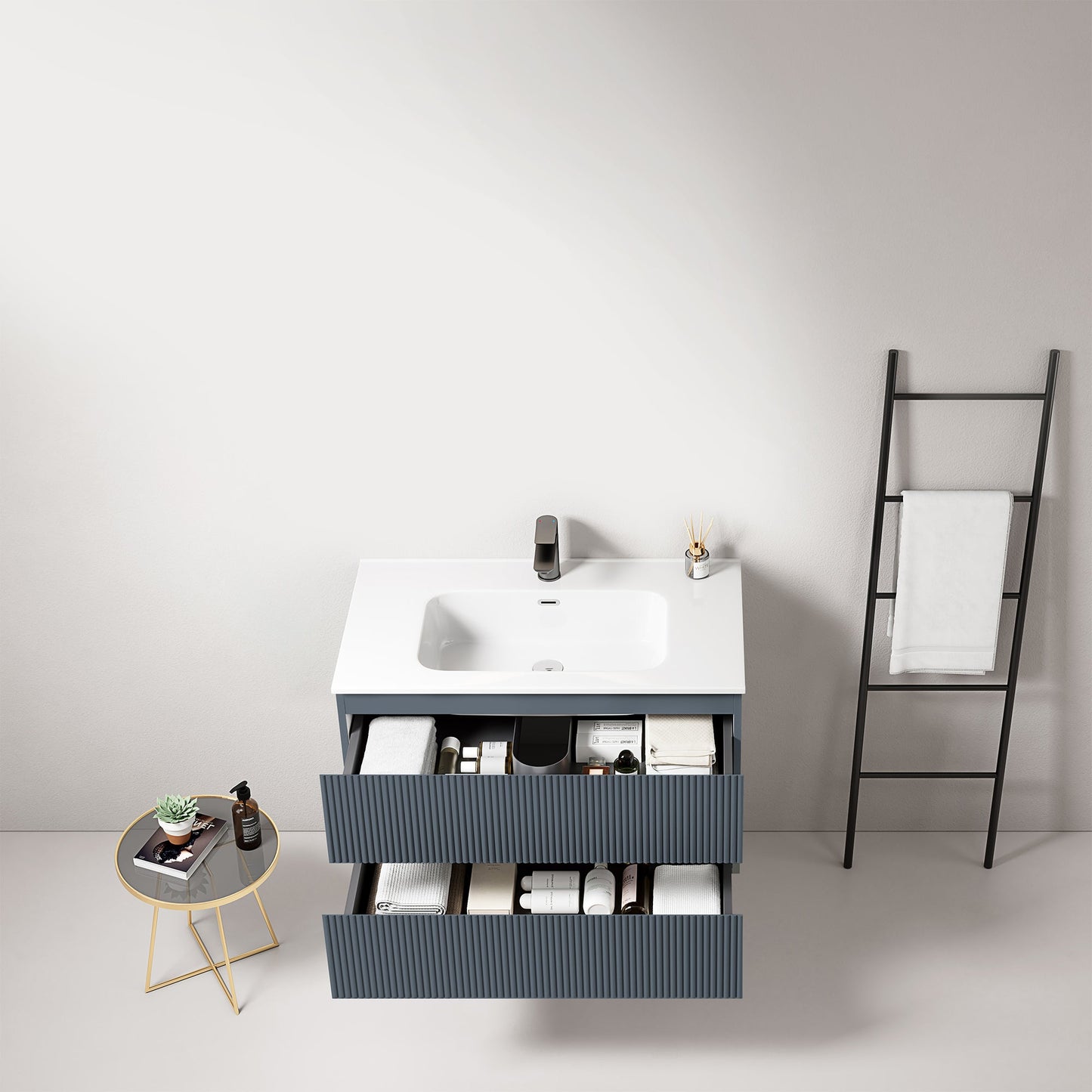 Mobile bagno sospeso cannettato 80 cm Blu Mare Lavabo in Ceramica Senza Specchio - Fiji Paint
