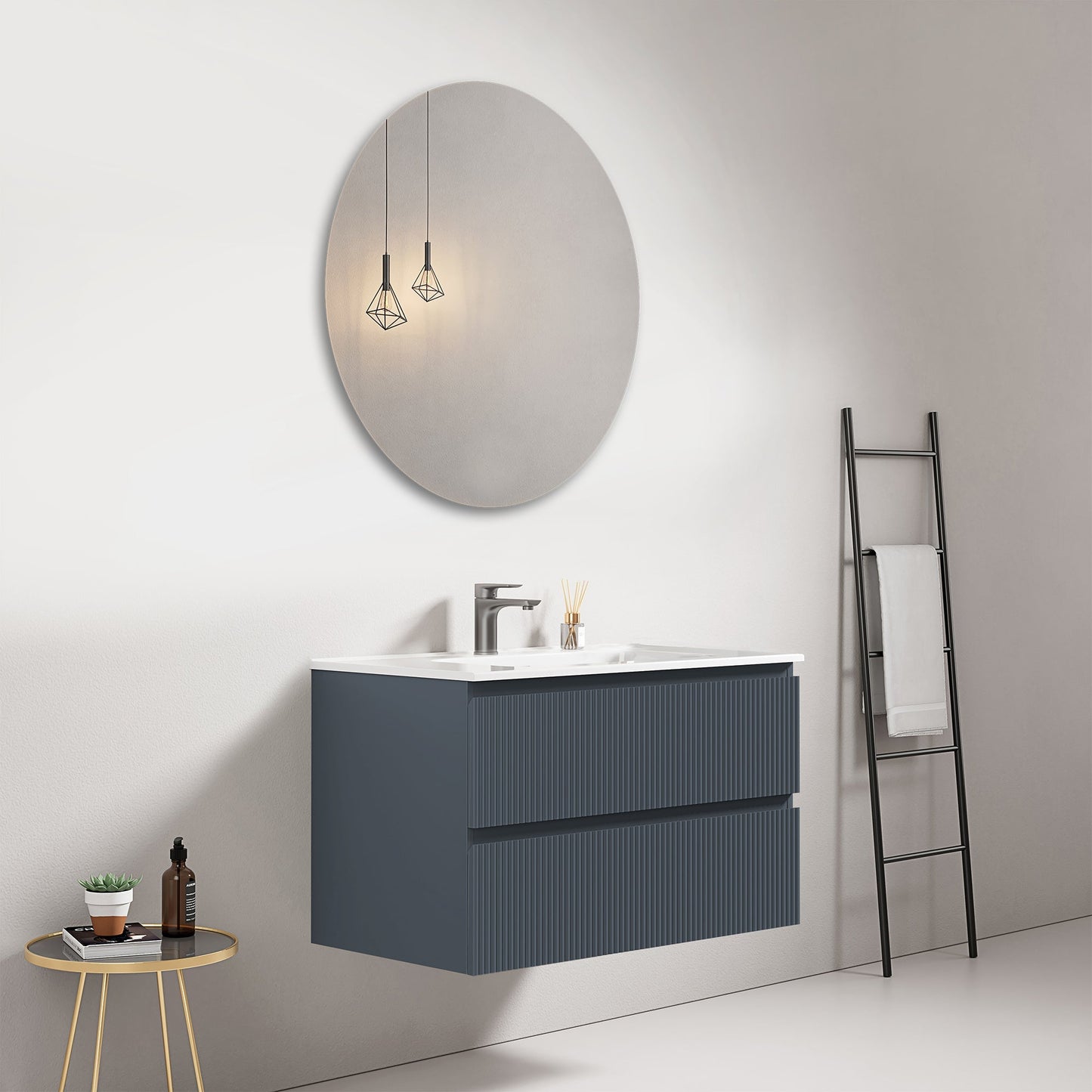 Mobile bagno sospeso cannettato 80 cm Blu Mare Lavabo in Ceramica Specchio Tondo - Fiji Paint