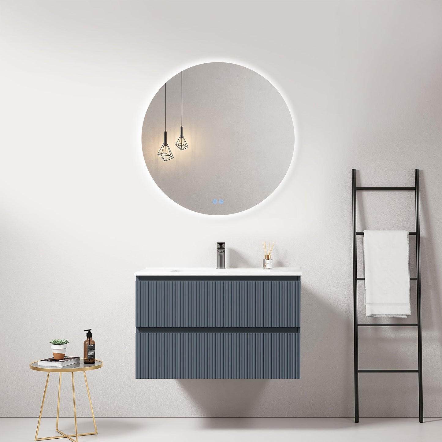 Mobile bagno sospeso cannettato 80 cm Blu Mare Lavabo in Ceramica Specchio Tondo Retroilluminato - Fiji Paint