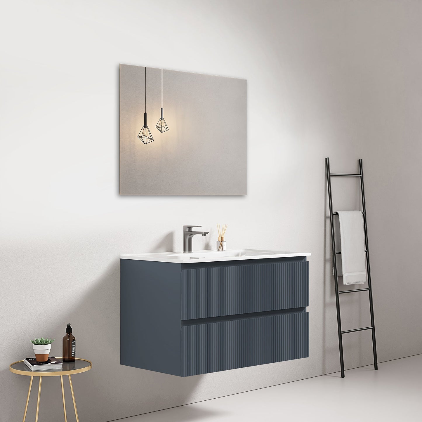 Mobile bagno sospeso cannettato 80 cm Blu Mare Lavabo in Ceramica Specchio Quadro - Fiji Paint