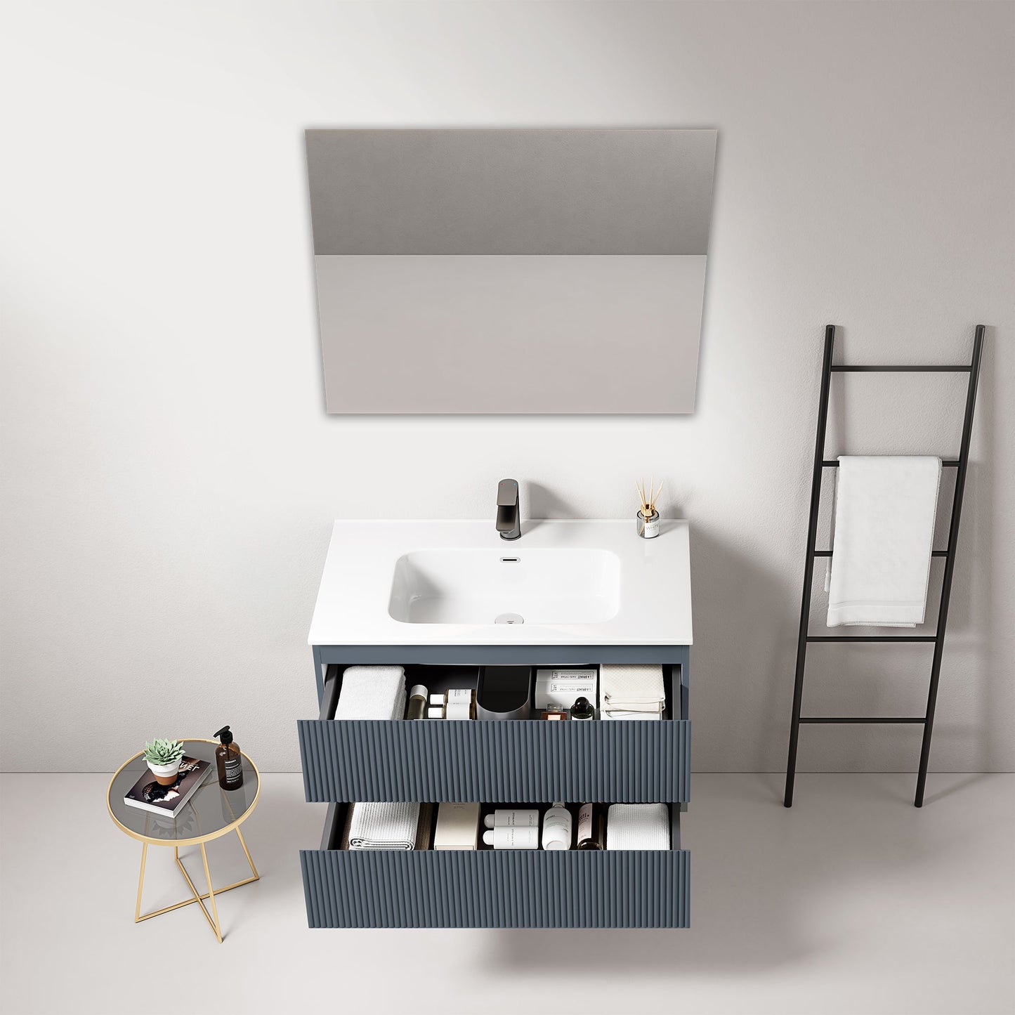 Mobile bagno sospeso cannettato 80 cm Blu Mare Lavabo in Ceramica Specchio Quadro - Fiji Paint