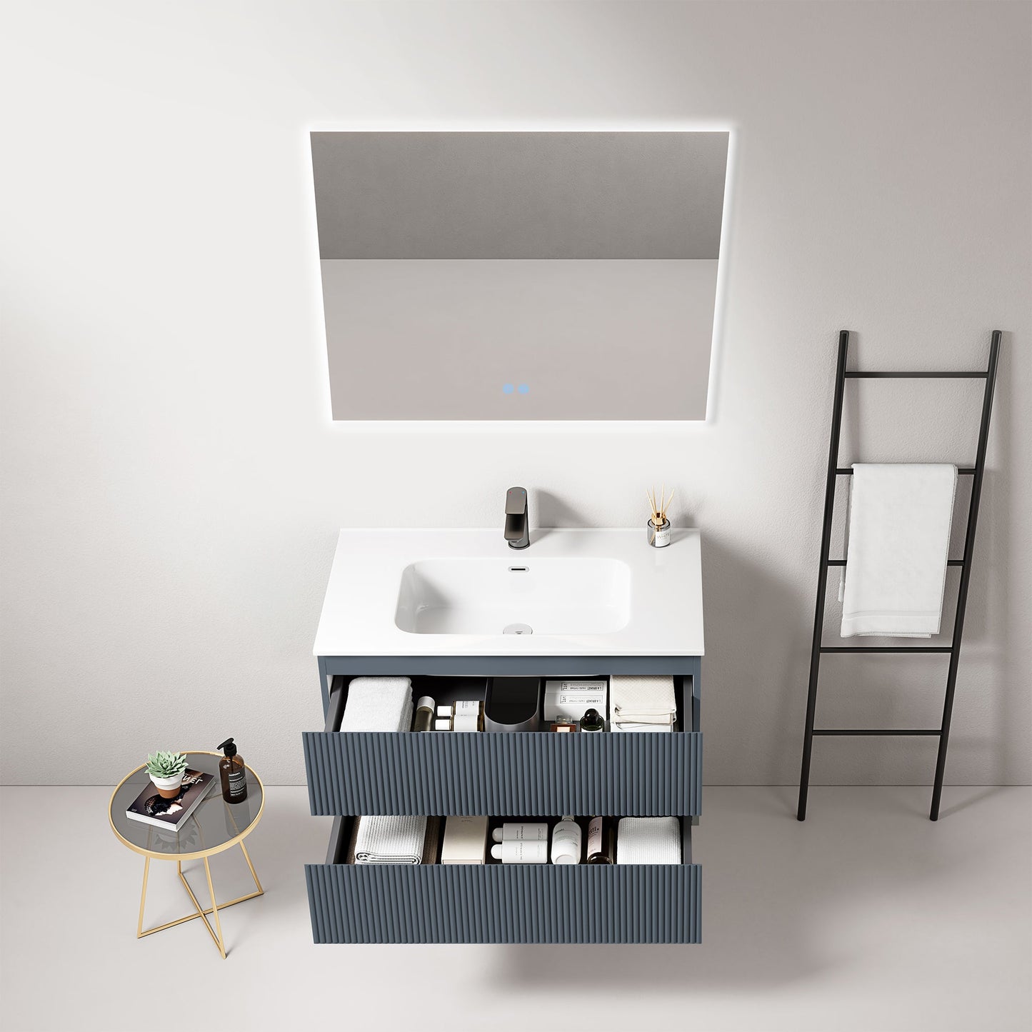 Mobile bagno sospeso cannettato 80 cm Blu Mare Lavabo in Ceramica Specchio Quadro Retroilluminato - Fiji Paint