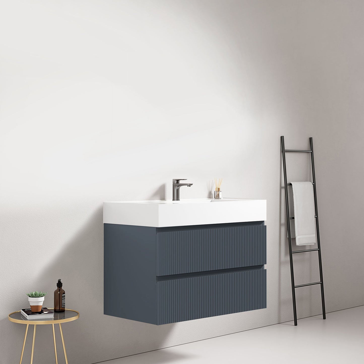 Mobile bagno sospeso cannettato 80 cm Blu Mare Lavabo in Resina Senza Specchio - Fiji Paint