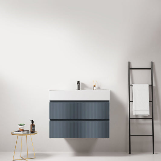 Mobile bagno sospeso cannettato 80 cm Blu Mare Lavabo in Resina Senza Specchio - Fiji Paint