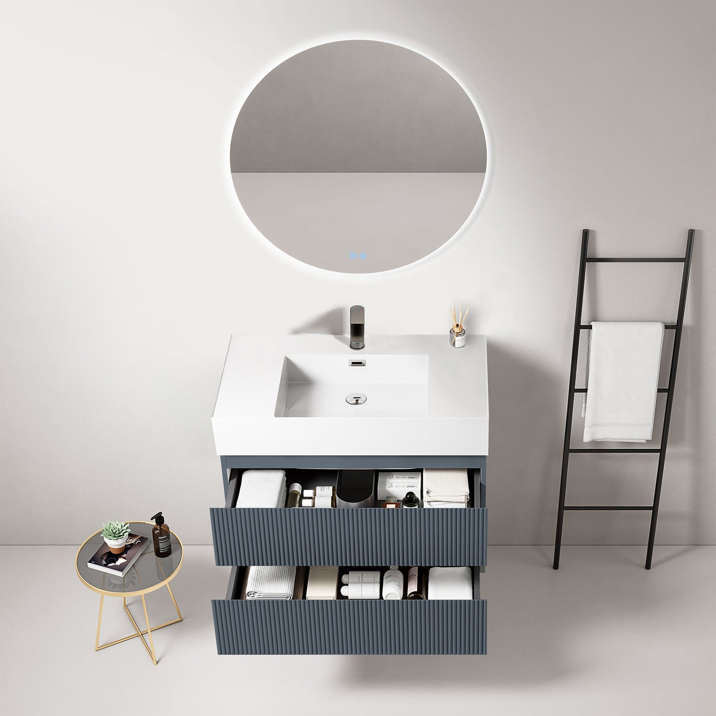 Mobile bagno sospeso cannettato 80 cm Blu Mare Lavabo in Resina Specchio Tondo Retroilluminato - Fiji Paint