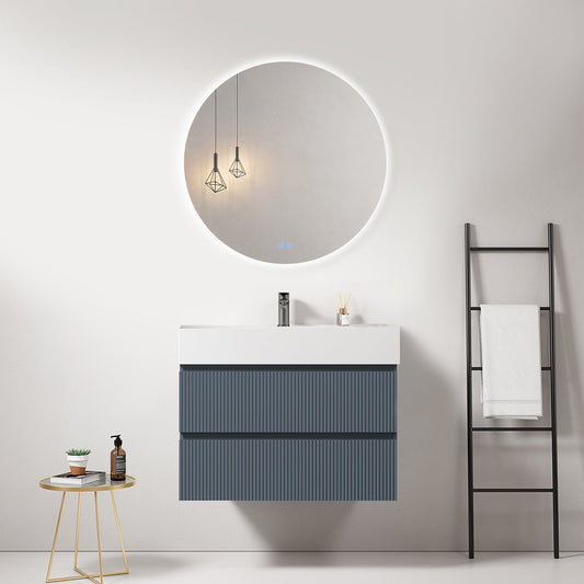 Mobile bagno sospeso cannettato 80 cm Blu Mare Lavabo in Resina Specchio Tondo Retroilluminato - Fiji Paint