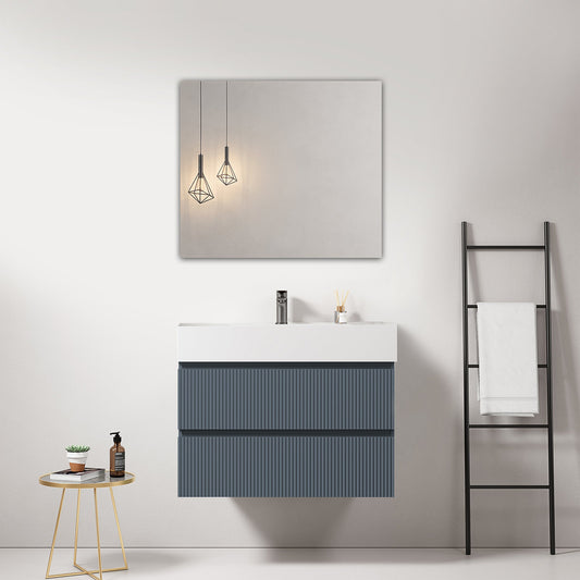 Mobile bagno sospeso cannettato 80 cm Blu Mare Lavabo in Resina Specchio Quadro - Fiji Paint