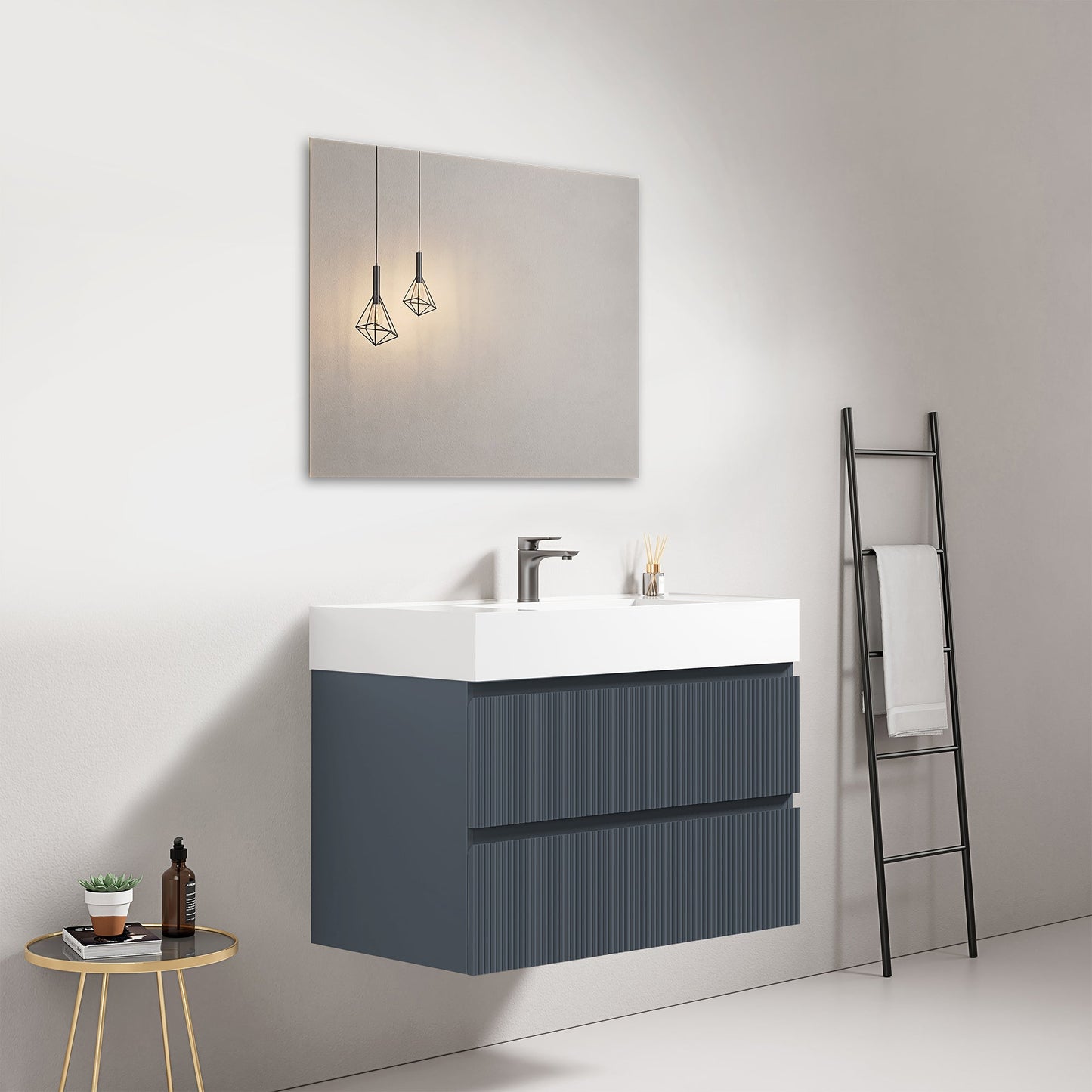 Mobile bagno sospeso cannettato 80 cm Blu Mare Lavabo in Resina Specchio Quadro - Fiji Paint