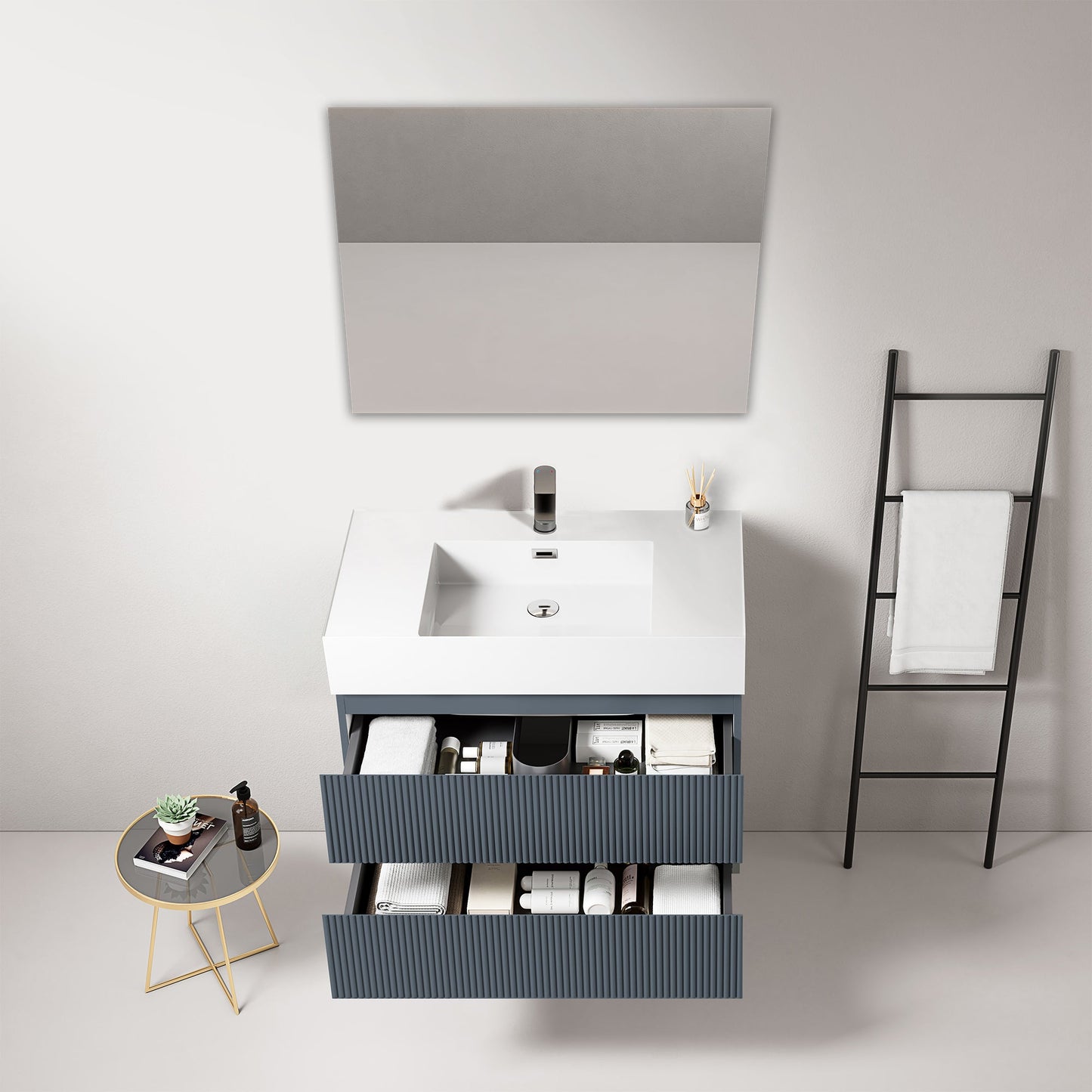 Mobile bagno sospeso cannettato 80 cm Blu Mare Lavabo in Resina Specchio Quadro - Fiji Paint