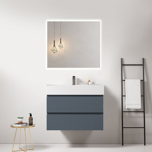 Mobile bagno sospeso cannettato 80 cm Blu Mare Lavabo in Resina Specchio Quadro Retroilluminato - Fiji Paint