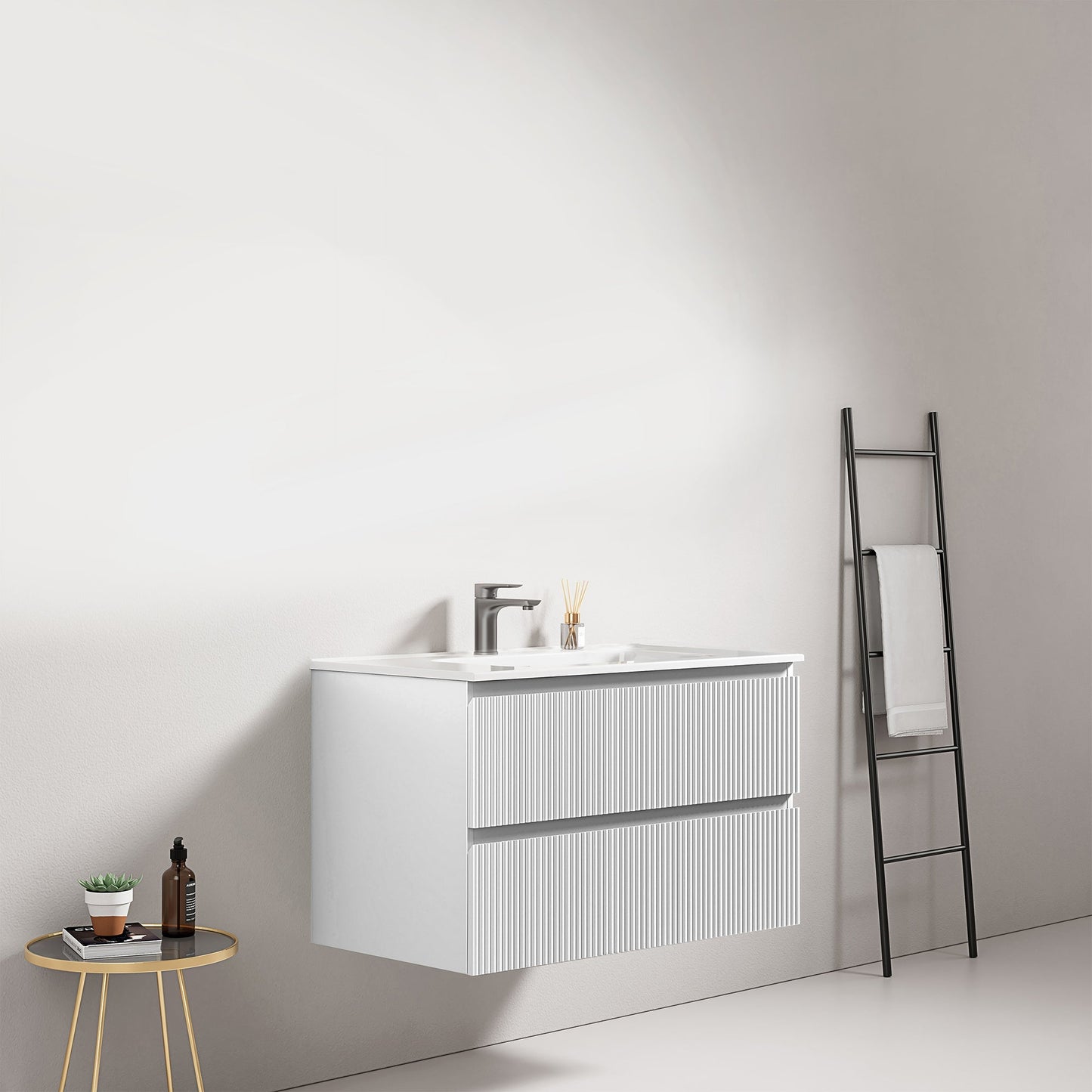 Mobile bagno sospeso cannettato 80 cm Bianco Lavabo in Ceramica Senza Specchio - Fiji Paint