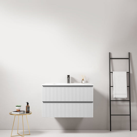 Mobile bagno sospeso cannettato 80 cm Bianco Lavabo in Ceramica Senza Specchio - Fiji Paint