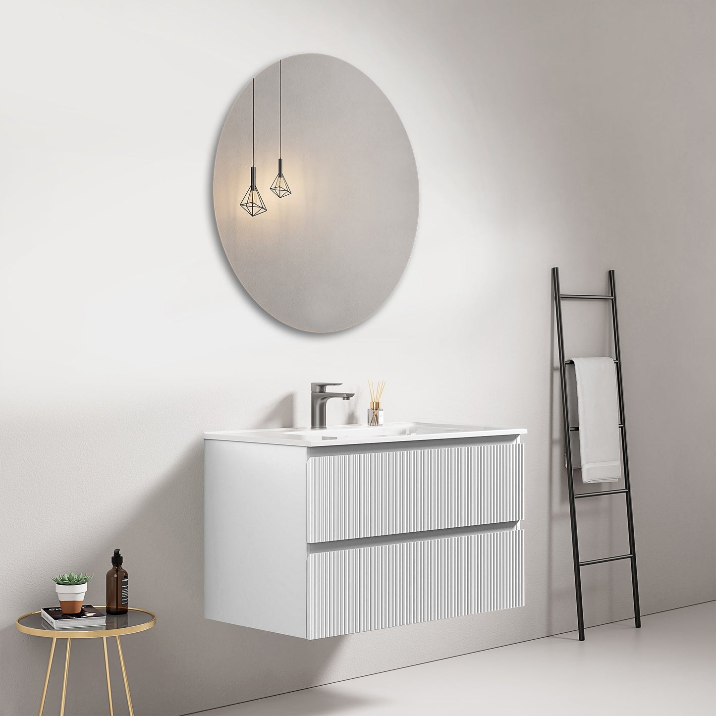 Mobile bagno sospeso cannettato 80 cm Bianco Lavabo in Ceramica Specchio Tondo - Fiji Paint