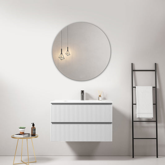 Mobile bagno sospeso cannettato 80 cm Bianco Lavabo in Ceramica Specchio Tondo - Fiji Paint