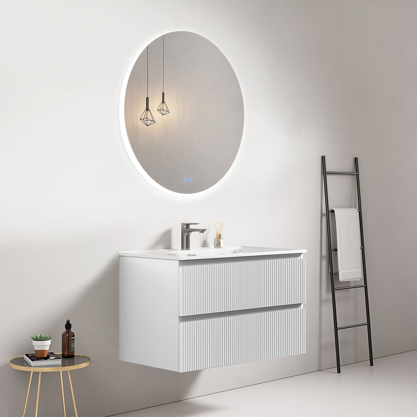Mobile bagno sospeso cannettato 80 cm Bianco Lavabo in Ceramica Specchio Tondo Retroilluminato - Fiji Paint