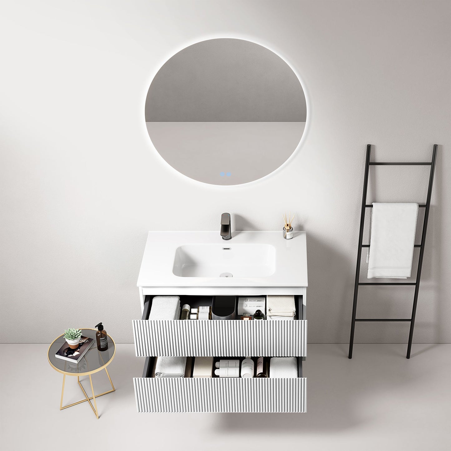 Mobile bagno sospeso cannettato 80 cm Bianco Lavabo in Ceramica Specchio Tondo Retroilluminato - Fiji Paint
