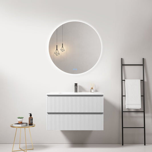Mobile bagno sospeso cannettato 80 cm Bianco Lavabo in Ceramica Specchio Tondo Retroilluminato - Fiji Paint
