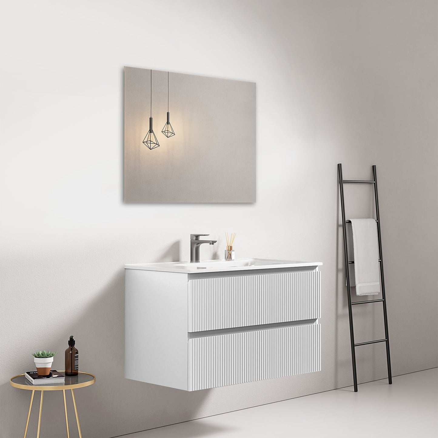 Mobile bagno sospeso cannettato 80 cm Bianco Lavabo in Ceramica Specchio Quadro - Fiji Paint