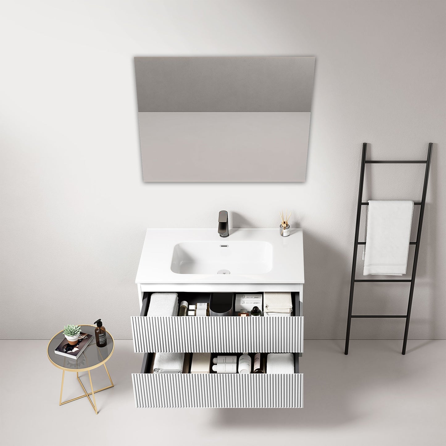 Mobile bagno sospeso cannettato 80 cm Bianco Lavabo in Ceramica Specchio Quadro - Fiji Paint