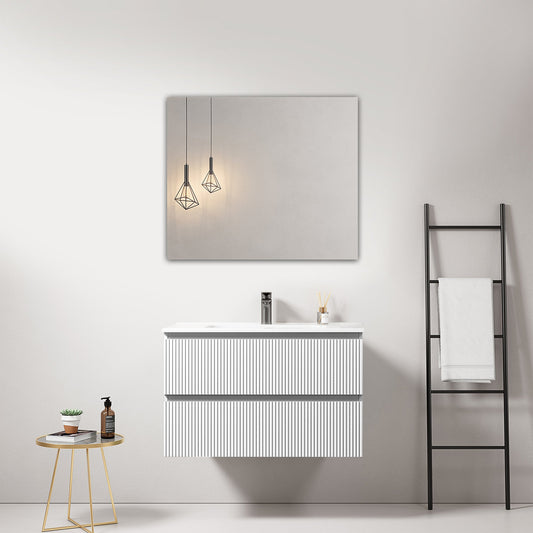 Mobile bagno sospeso cannettato 80 cm Bianco Lavabo in Ceramica Specchio Quadro - Fiji Paint